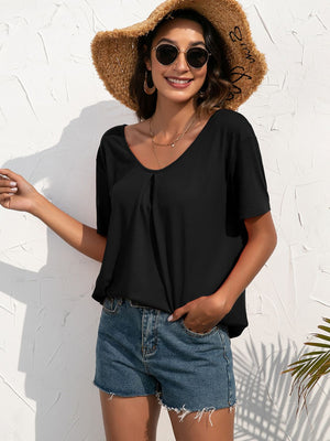 Black t-shirt with V-neck and pleated detail, short sleeves, casual fit