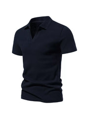Men's dark navy blue casual polo shirt with notched collar and short sleeves.