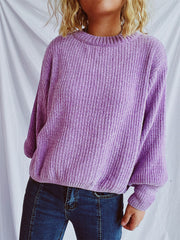 Relaxed crewneck pullover sweater in Lavender with textured ribbed knit and long sleeves.