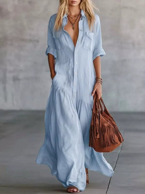 Button Front Roll-up Sleeve Maxi Dress Plus Size in Burgundy, front view