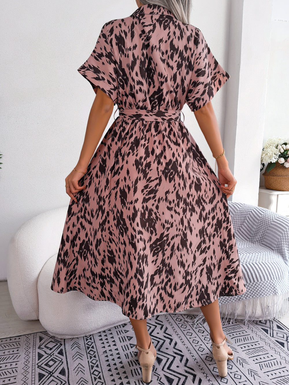 Dusty Pink Dalmatian Print Midi Shirt Dress with short sleeves and tie waist.