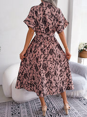 Dusty Pink Dalmatian Print Midi Shirt Dress with short sleeves and tie waist.