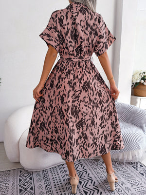 Dusty Pink Dalmatian Print Midi Shirt Dress with short sleeves and tie waist.