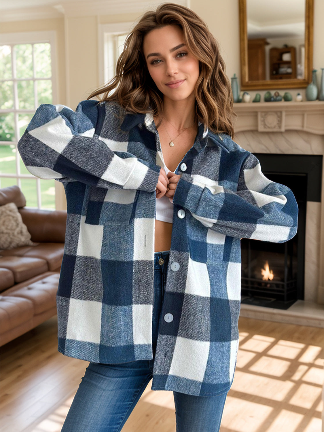 Oversized blue plaid wool-blend shacket with button front and collar.