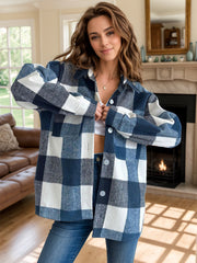 Oversized blue plaid wool-blend shacket with button front and collar.