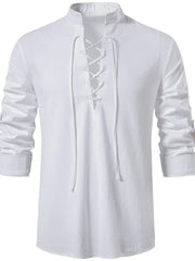 White linen henley shirt with lace-up collar and long sleeves
