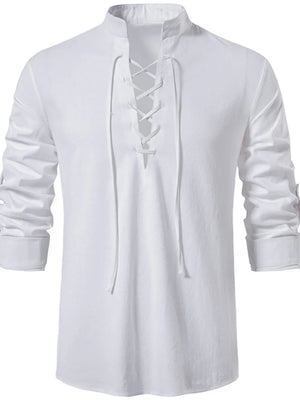 White linen henley shirt with lace-up collar and long sleeves