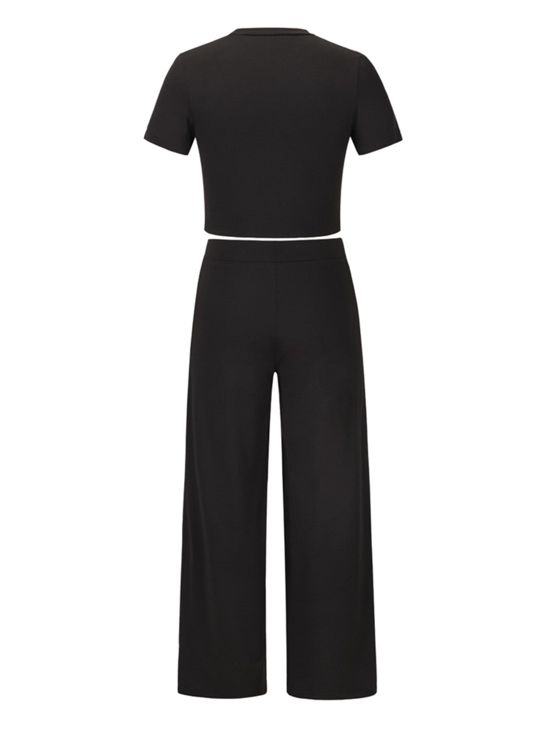 Black pleated waist crop top and wide leg pants set
