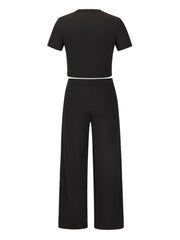 Black pleated waist crop top and wide leg pants set