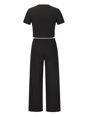Black pleated waist crop top and wide leg pants set