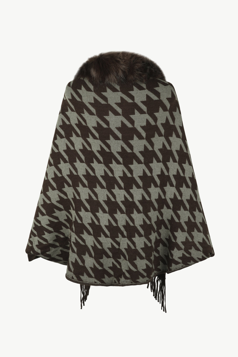 Houndstooth faux fur collar poncho with fringe hem in brown and beige.