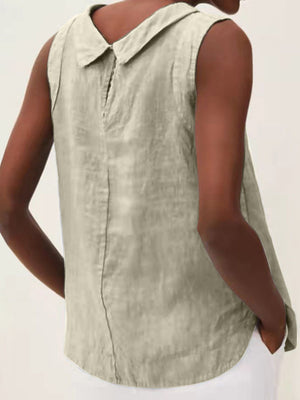 Sleeveless Peter Pan collar blouse in moss green with a back seam detail.