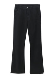 Flared hem denim trousers in dark cotton with zippered ankles.