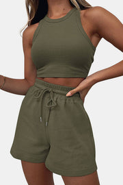 Dark green ribbed knit crop top and drawstring shorts set with a racerback tank.