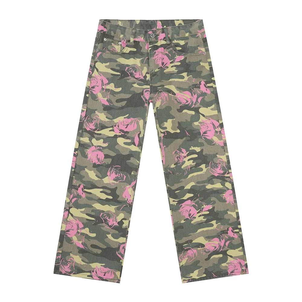 Camouflage wide-leg denim trousers with pink roses pattern.
