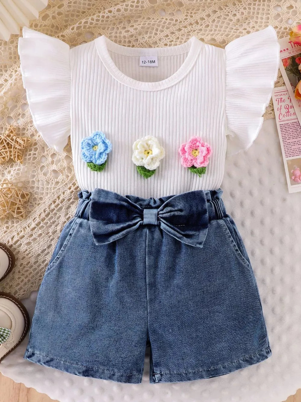 Children's Ruffled Flower Top And Denim Shorts Set in White, side view