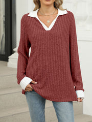 Ribbed knit long sleeve t-shirt in Rust Red with white collar and cuffs, V-neck.