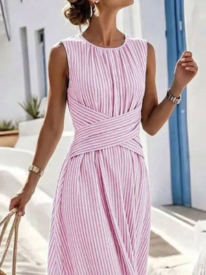Full Size Striped Sleeveless Maxi Dress in Pink, fit detail