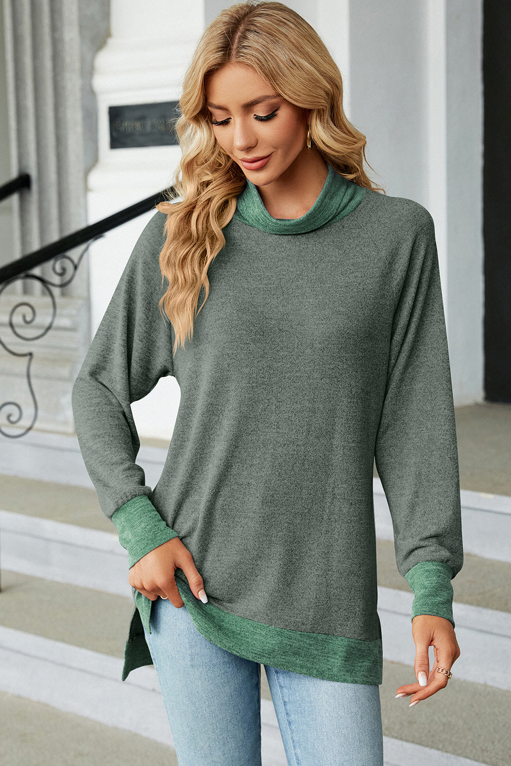 Colorblock raglan turtleneck tunic in heather gray with green accents at the collar, cuffs, and hem.