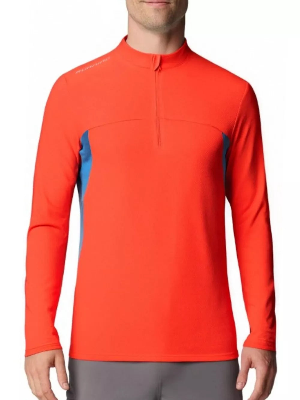 Men's orange activewear tee with blue side panels and quarter zip neckline