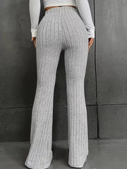 Ribbed gray high-waist flare maternity pants with a comfortable fit.