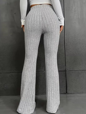 Ribbed gray high-waist flare maternity pants with a comfortable fit.