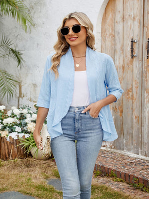Pastel blue eyelet cascade cardigan with open front and 3/4 sleeves