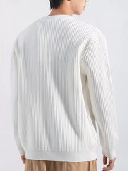 Men's white ribbed knit crewneck sweatshirt with button details on shoulder.