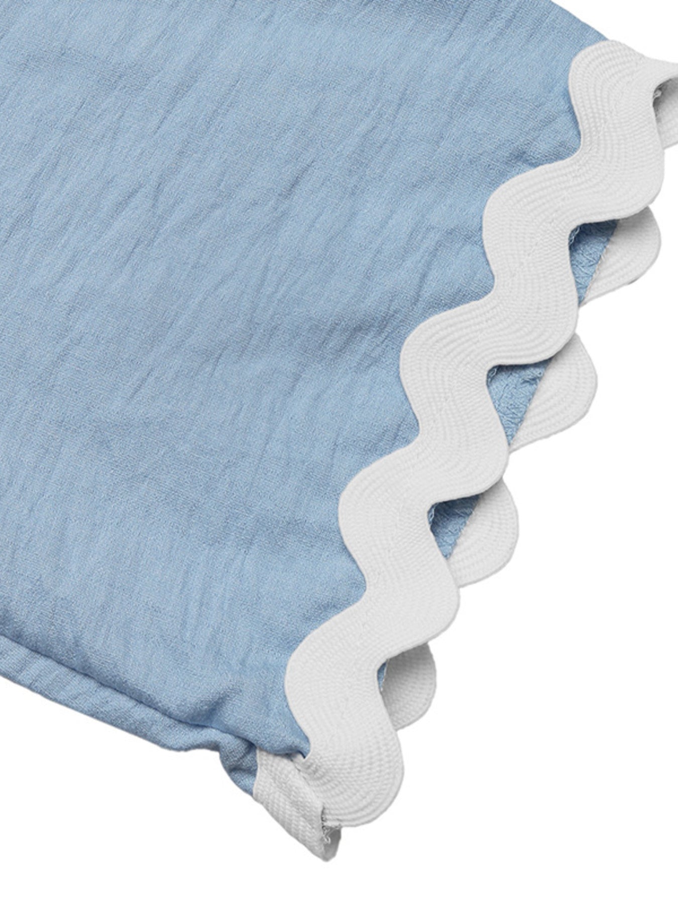 Blue maternity romper cover-up with white scalloped trim detail