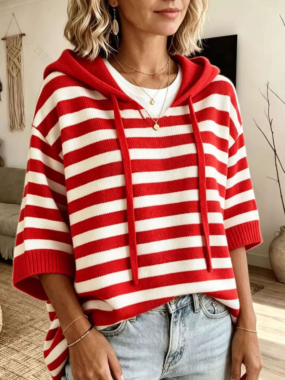 Full Size Drawstring Striped Hooded Sweater in Khaki, side view