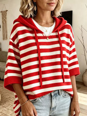 Full Size Drawstring Striped Hooded Sweater in Khaki, side view