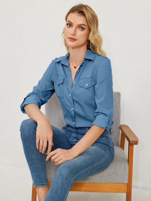 Light wash denim utility shirt with two chest pockets and button front.