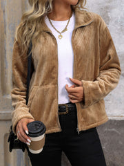 Camel plush corduroy zip-up jacket with crochet detail and collared neckline.