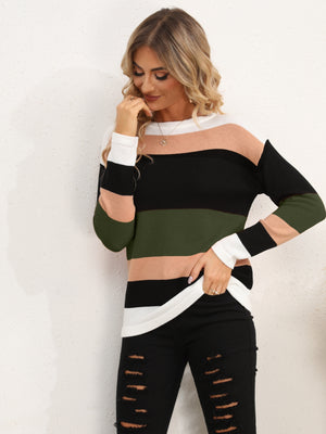 Colorblock crewneck sweater with horizontal stripes in army green, black, peach, and white.
