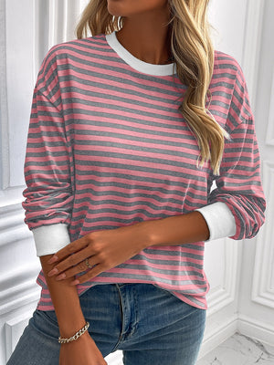 Horizontal stripe crewneck sweatshirt with cuffs in pink and gray, featuring white cuffs.