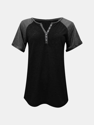 Black raglan sleeve henley tee with button detail and rolled cuffs
