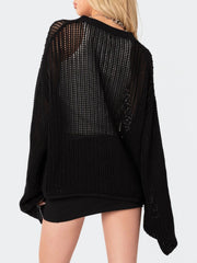 Black open knit acrylic sweater with a relaxed fit and crew neck.