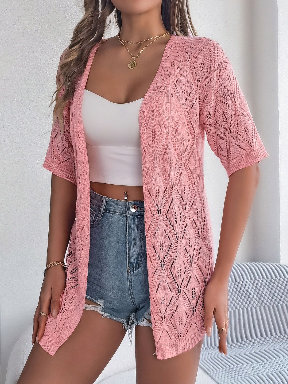 Blush pink open-knit diamond pattern short sleeve cardigan