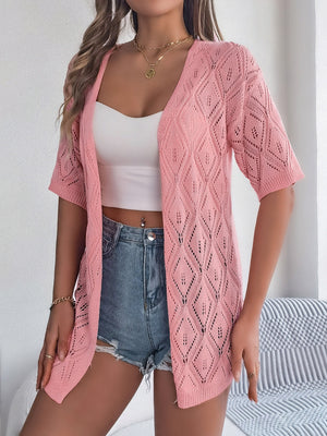 Blush pink open-knit diamond pattern short sleeve cardigan