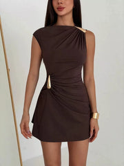 Ruched Asymmetrical Sleeveless Mini Dress in White, back view