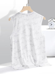 Men's white polyester tank top with all-over geometric shark print and round neck.