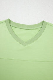 Lime cotton v-neck loungewear top with ribbed collar detail