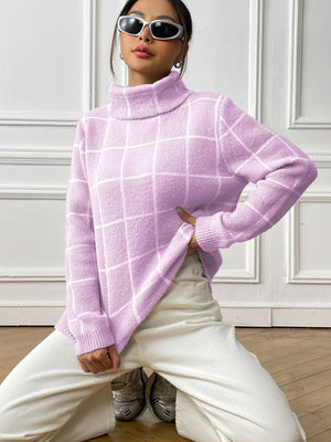 Pink purple grid-patterned turtleneck knit pullover sweater with long sleeves.
