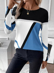 Geometric panel long sleeve t-shirt in black, white, and sky blue with chevron detail