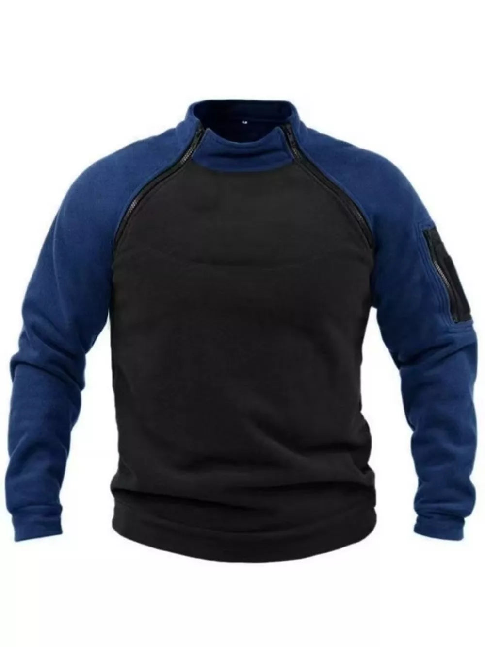 Men's two-tone fleece sweatshirt with zippered pockets in black and peacock blue.