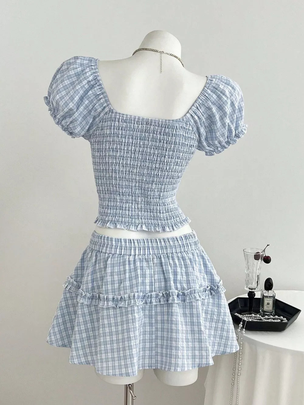 Plaid Puff Sleeve Blouse And Skirt Set, model styling view