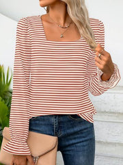 Striped square neck blouse with ruffle cuffs in Deep Red and cream.