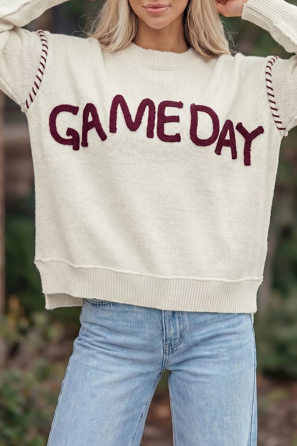 Drop Shoulder Game Day Letter Sweater in White, front view