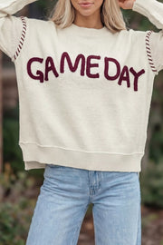 Drop Shoulder Game Day Letter Sweater in White, front view