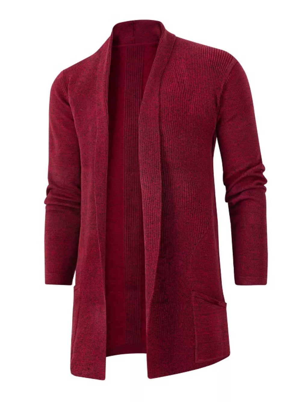 Burgundy heathered longline cardigan with pockets and open front.